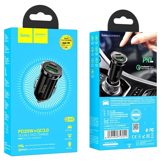 Chargeur Rapide de voiture 3 A - Type-C PD 20W et USB QC 18W